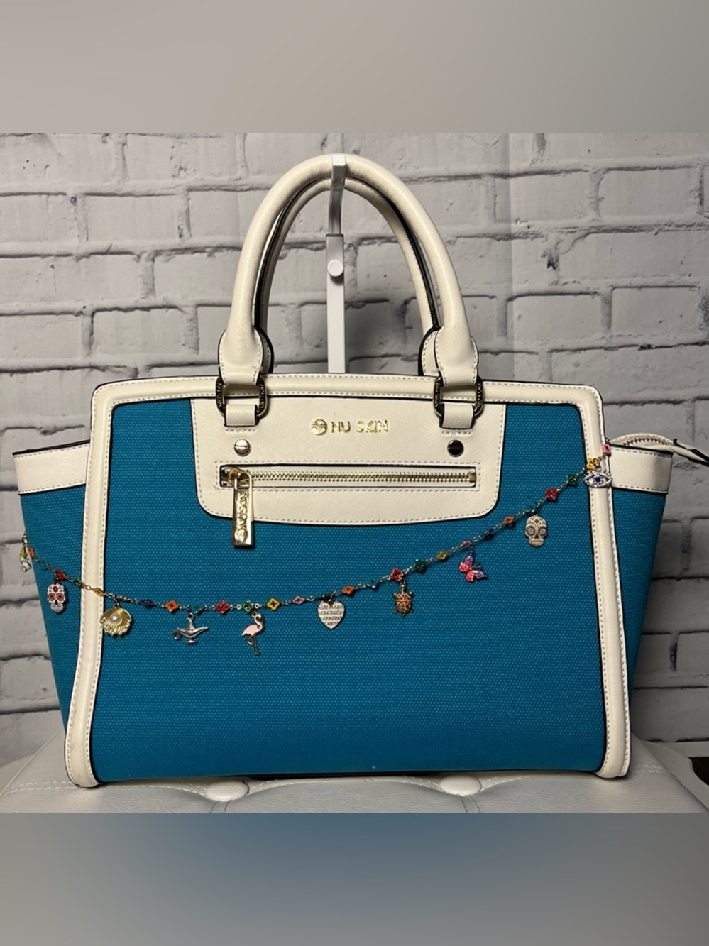 NU SKIN Teal and White Tote by Michael Kors with Charms